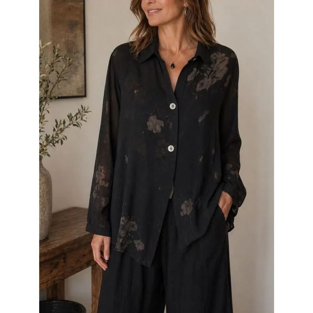 Vintage Black Silk Feel Floral Burnout Button Front Blouse Top Women’s Size L